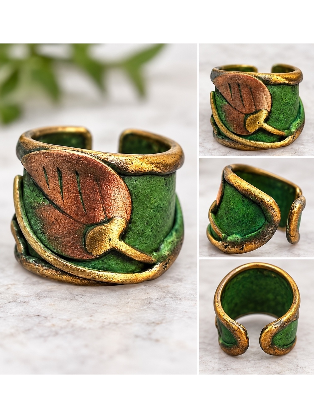 Handcrafted Green & Copper Vine Leaf Brass Patina Ring